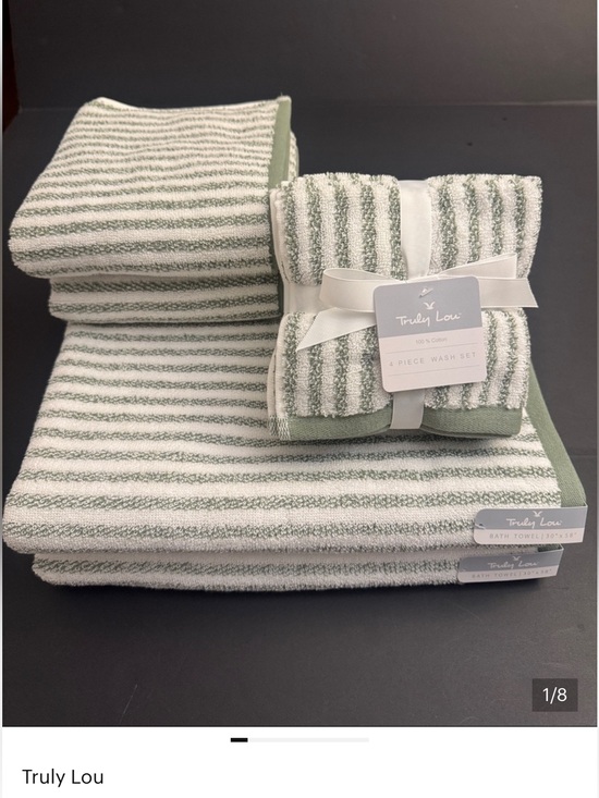 Truly Lou Other - 8pc TRULY LOU 100% Cotton Stripe Bath Towel Set -Soft -Absorbent - Wht/Oil Green
